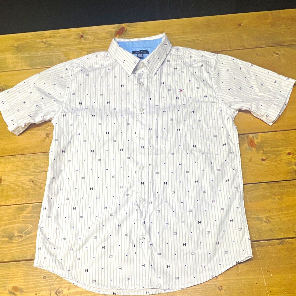 Tommy Hilfiger Boy's XL White/Blue Striped Short Sleeve Button-Down Shirt
